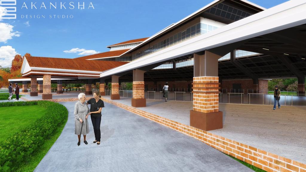 Covered walkway connecting a senior living community